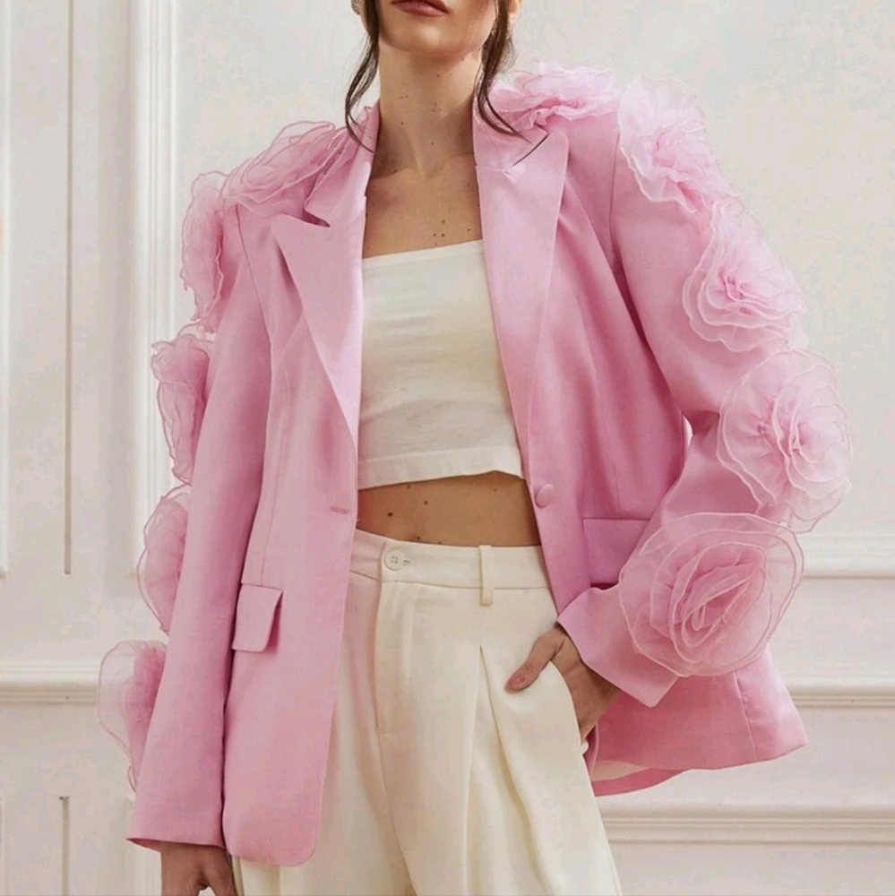 Chic Pink Women's Blazer with Floral Details